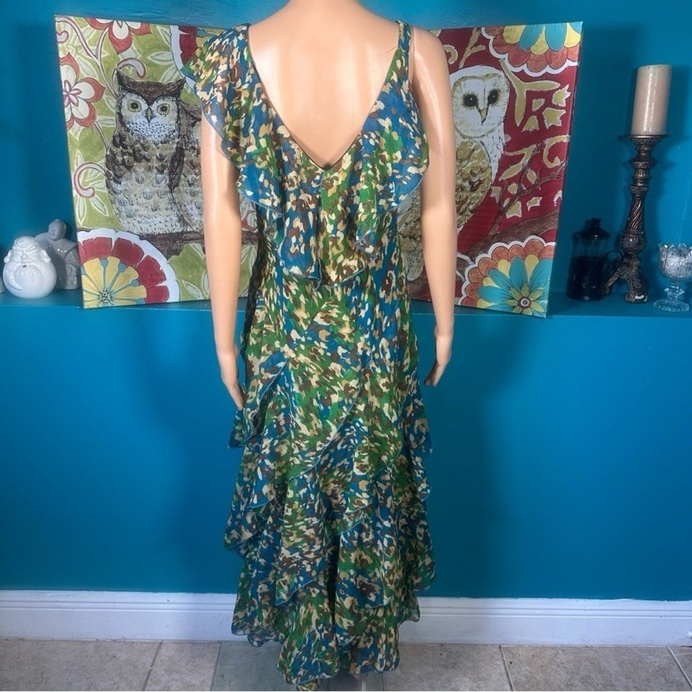 Robbie Bee Maxi Dress Women's Size 8 Ruffle Green Blue Abstract Print Tiered - Picture 9 of 12